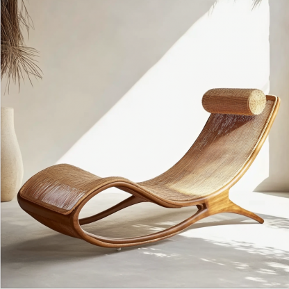 Wabi-sabi style solid wood rattan rocking chair, a modern and simple Japanese wabi-sabi style retro solid wood rattan rocking chair - Image 3