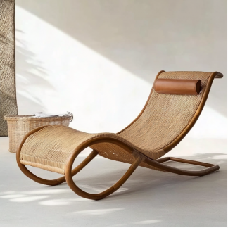 Wabi-sabi style solid wood rattan rocking chair, a modern and simple Japanese wabi-sabi style retro solid wood rattan rocking chair