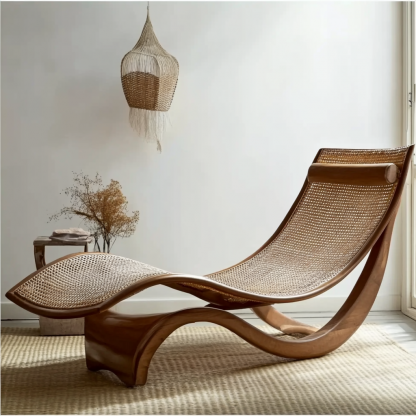 Wabi-sabi style solid wood rattan rocking chair, a modern and simple Japanese wabi-sabi style retro solid wood rattan rocking chair - Image 4