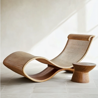 Wabi-sabi style solid wood rattan rocking chair, a modern and simple Japanese wabi-sabi style retro solid wood rattan rocking chair - Image 3