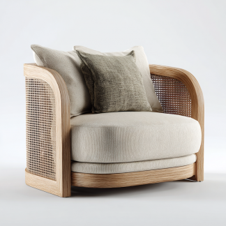 Wabi-sabi style rattan sofa chair, living room single lounge chair, home balcony oak rattan chair