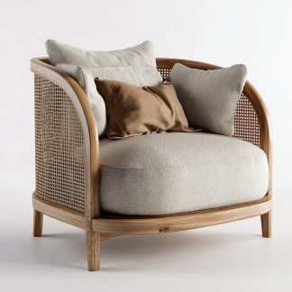 Wabi-sabi style rattan single sofa, simple and modern solid wood rattan chair, reception chair for club living room, lazy sofa