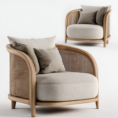 Wabi-sabi style rattan lounge chair, solid wood single sofa, hotel and homestay sales office negotiation chair, office - Image 5