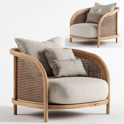 Wabi-sabi style rattan lounge chair, solid wood single sofa, hotel and homestay sales office negotiation chair, office - Image 2