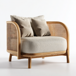 Wabi-sabi style solid wood sofa chair, simple living room single lounge chair, home balcony oak rattan chair