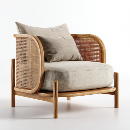 Wabi-sabi style solid wood sofa chair, simple living room single lounge chair, home balcony oak rattan chair - Image 5
