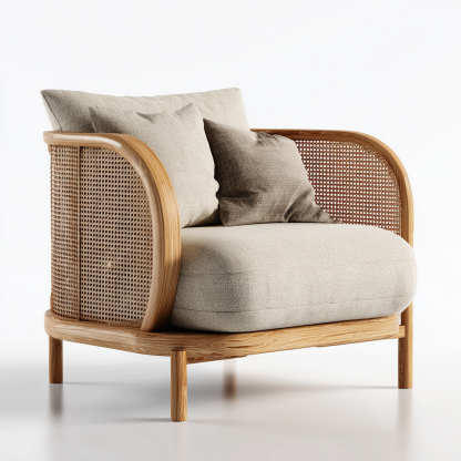 Wabi-sabi style solid wood sofa chair, simple living room single lounge chair, home balcony oak rattan chair - Image 4