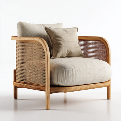 Wabi-sabi style solid wood sofa chair, simple living room single lounge chair, home balcony oak rattan chair - Image 3