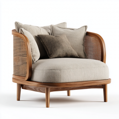Wabi-sabi style solid wood sofa, modern and simple living room, rattan sofa, homestay, fabric empress lounge chair set - Image 2
