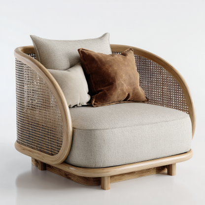 Wabi-sabi style rattan sofa chair, living room single lounge chair, home balcony oak rattan chair - Image 3