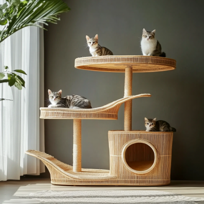 Double-layer cat bed, solid wood cat bed, all-season, semi-enclosed rattan cat bed, home cat, villa cat, cat house cat house - Image 8