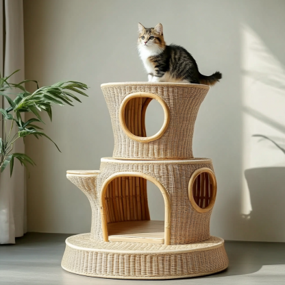 Double-layer cat bed, solid wood cat bed, all-season, semi-enclosed rattan cat bed, home cat, villa cat, cat house cat house - Image 7
