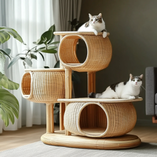 Double-layer cat bed, solid wood cat bed, all-season, semi-enclosed rattan cat bed, home cat, villa cat, cat house cat house