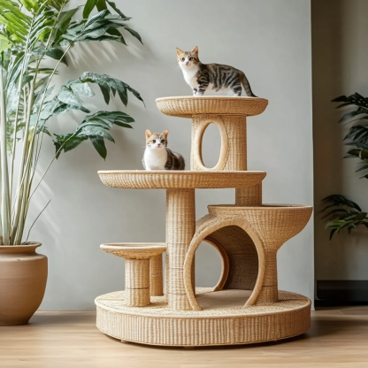 Double-layer cat bed, solid wood cat bed, all-season, semi-enclosed rattan cat bed, home cat, villa cat, cat house cat house - Image 5