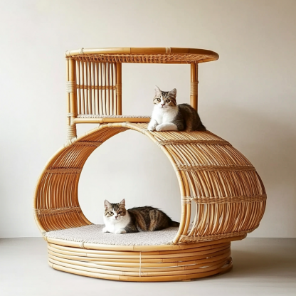 Double-layer cat bed, solid wood cat bed, all-season, semi-enclosed rattan cat bed, home cat, villa cat, cat house cat house - Image 8