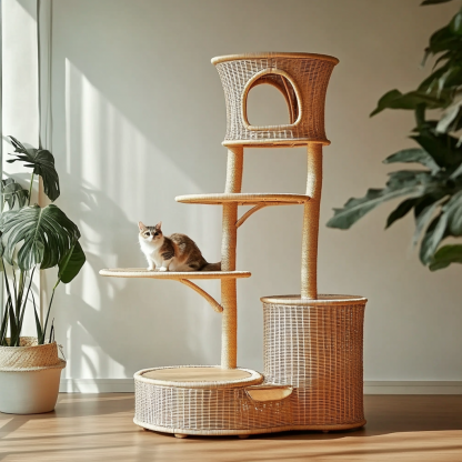 Double-layer cat bed, solid wood cat bed, all-season, semi-enclosed rattan cat bed, home cat, villa cat, cat house cat house - Image 9