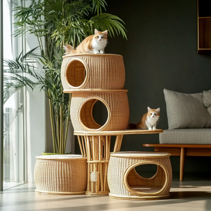 Cat climbing frame, scratch-resistant rattan cat house, closed double-layer cat bed, cat bed, red wall - Image 8