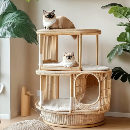 Double-layer cat bed, solid wood cat bed, all-season, semi-enclosed rattan cat bed, home cat, villa cat, cat house cat house - Image 7