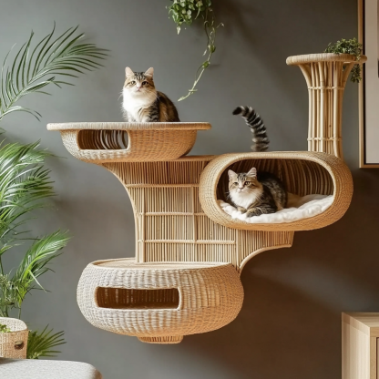 Double-layer cat bed, solid wood cat bed, all-season, semi-enclosed rattan cat bed, home cat, villa cat, cat house cat house - Image 6