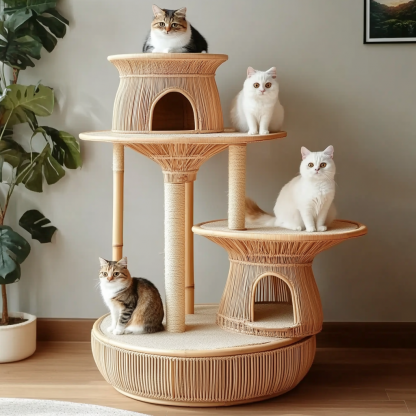 Double-layer cat bed, solid wood cat bed, all-season, semi-enclosed rattan cat bed, home cat, villa cat, cat house cat house - Image 5