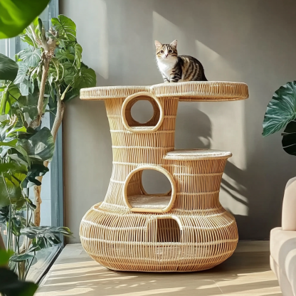 Cat climbing frame, scratch-resistant rattan cat house, closed double-layer cat bed, cat bed, red wall - Image 7