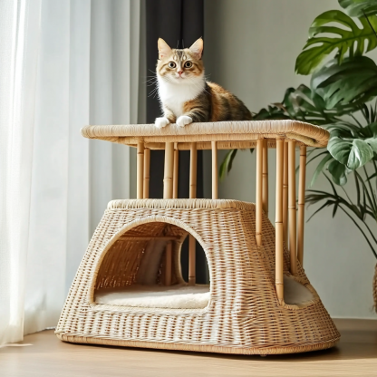 Double-layer cat bed, solid wood cat bed, all-season, semi-enclosed rattan cat bed, home cat, villa cat, cat house cat house - Image 4