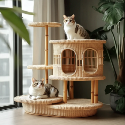 Double-layer cat bed, solid wood cat bed, all-season, semi-enclosed rattan cat bed, home cat, villa cat, cat house cat house - Image 3
