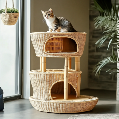 Cat climbing frame, scratch-resistant rattan cat house, closed double-layer cat bed, cat bed, red wall - Image 4