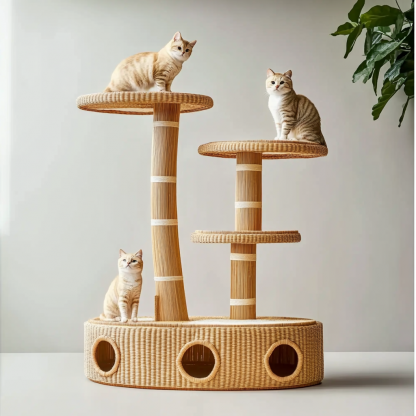 Double-layer cat bed, solid wood cat bed, all-season, semi-enclosed rattan cat bed, home cat, villa cat, cat house cat house - Image 2