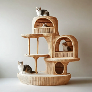 Double-layer cat bed, solid wood cat bed, all-season, semi-enclosed rattan cat bed, home cat, villa cat, cat house cat house