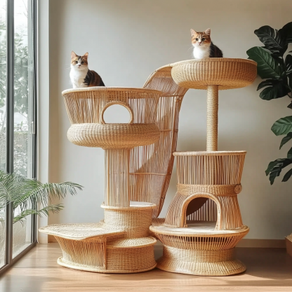 Double-layer cat bed, solid wood cat bed, all-season, semi-enclosed rattan cat bed, home cat, villa cat, cat house cat house - Image 3