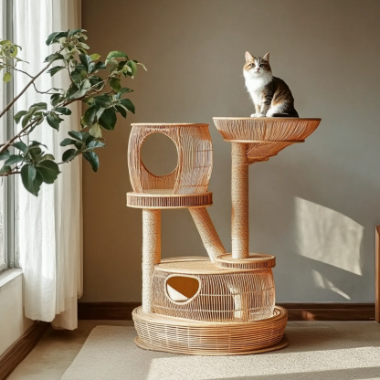 Double-layer cat bed, solid wood cat bed, all-season, semi-enclosed rattan cat bed, home cat, villa cat, cat house cat house - Image 2