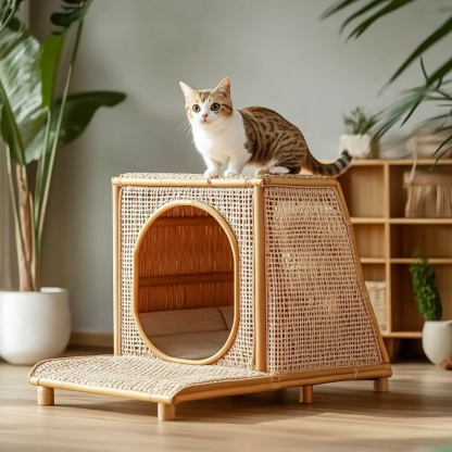 Cat climbing frame, scratch-resistant rattan cat house, closed double-layer cat bed, cat bed, red wall - Image 3