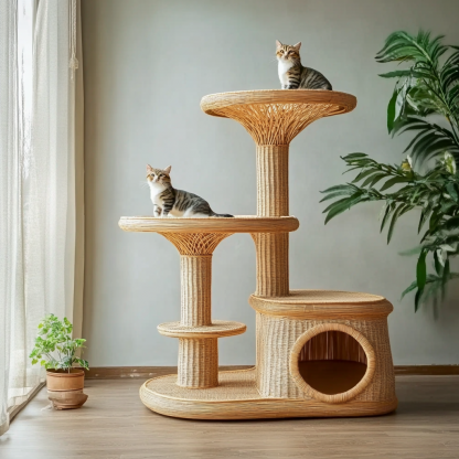 Cat climbing frame, scratch-resistant rattan cat house, closed double-layer cat bed, cat bed, red wall - Image 2