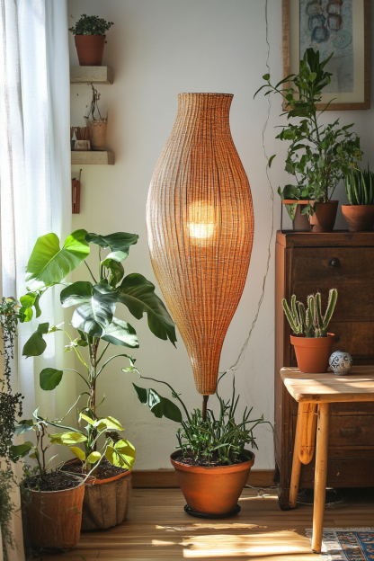 Rattan decorative floor lamp, Zen-inspired tea room, homestay, living room, sofa, bedroom lamp, retro upright rattan floor lamp - Image 3
