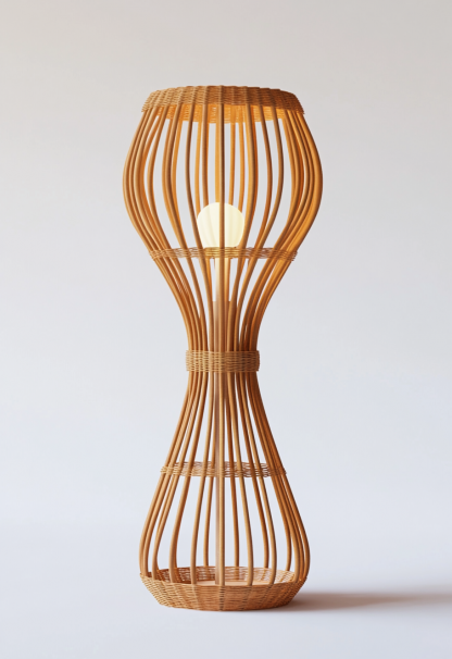 Wabi-sabi style restaurant, wicker woven floor lamps, handcrafted living room, Japanese retro coffee shop, lantern bedroom