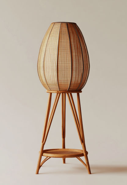 Wabi-sabi style restaurant, wicker woven floor lamps, simple and modern tea table, Nordic decorative lamps, Japanese retro Zen atmosphere