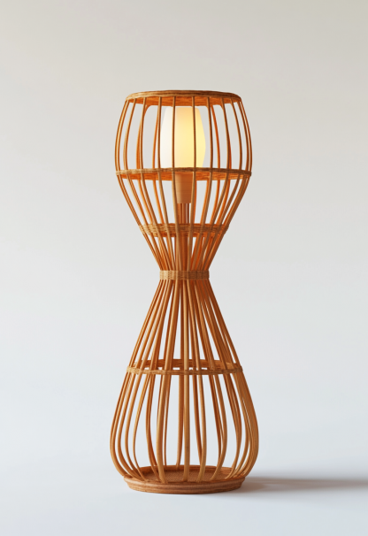 Wabi-sabi style restaurant, wicker woven floor lamps, handcrafted living room, Japanese retro coffee shop, lantern bedroom
