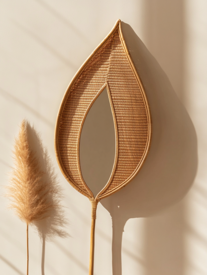 Wabi-sabi style solid wood rattan makeup mirror, living room decoration mirror, designer's creative mirror - Image 7