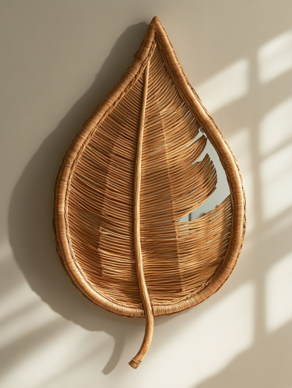 Wabi-sabi style solid wood rattan makeup mirror, living room decoration mirror, designer's creative mirror - Image 5