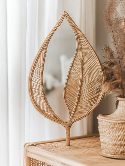 Wabi-sabi style retro rattan leaf-shaped mirror, wall-mounted decorative mirror, entrance mirror for homestay hotels - Image 9