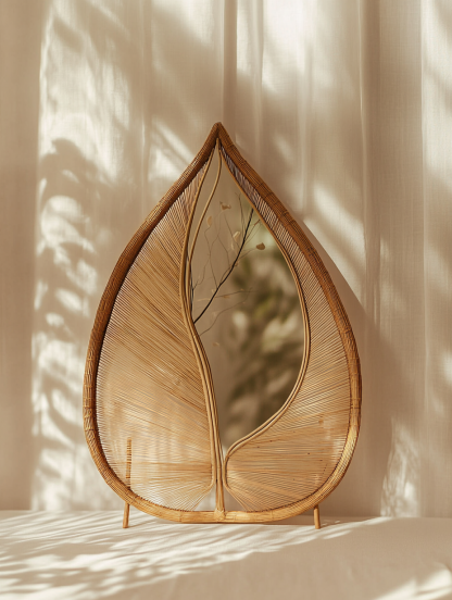 Wabi-sabi style retro rattan leaf-shaped mirror, wall-mounted decorative mirror, entrance mirror for homestay hotels - Image 8