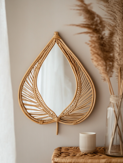 Wabi-sabi style solid wood rattan makeup mirror, living room decoration mirror, designer's creative mirror - Image 2