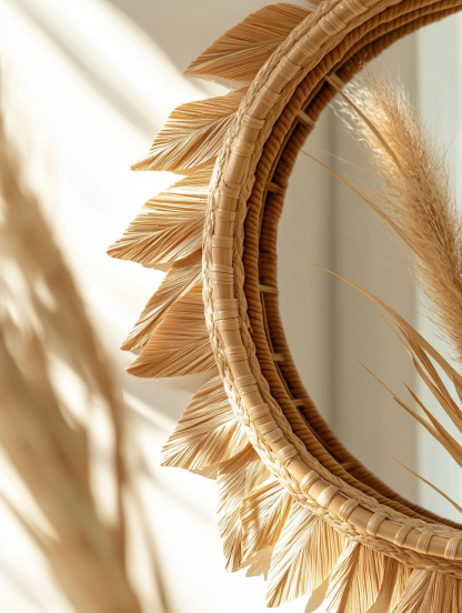 Wabi-sabi style wicker dressing and makeup mirror, ins style homestay living room wall decoration, Nordic hanging mirror decoration - Image 5