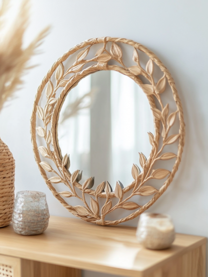 Wabi-sabi style rattan makeup mirror, French bedroom mirror with light, smart anti-fog wall-mounted mirror, water drop bathroom mirror