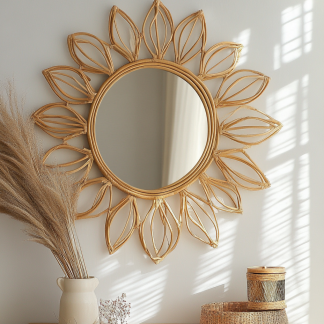 Wabi-sabi style wicker dressing and makeup mirror, ins style homestay living room wall decoration, Nordic hanging mirror decoration