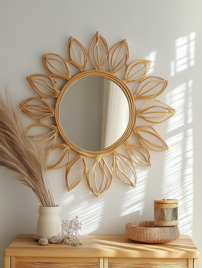 Wabi-sabi style wicker dressing and makeup mirror, ins style homestay living room wall decoration, Nordic hanging mirror decoration