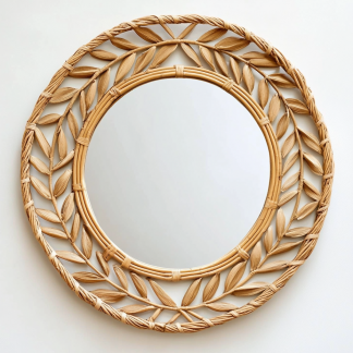 Wabi-sabi style retro rattan leaf-shaped mirror, wall-mounted decorative mirror, entrance mirror for homestay hotels