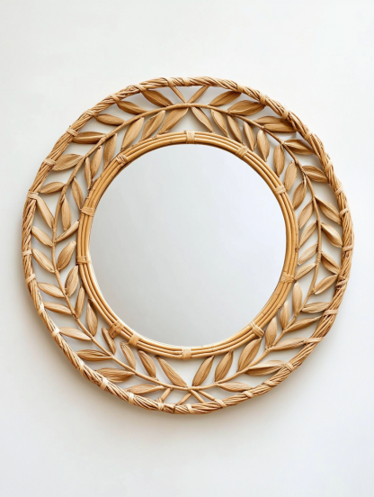 Wabi-sabi style retro rattan leaf-shaped mirror, wall-mounted decorative mirror, entrance mirror for homestay hotels
