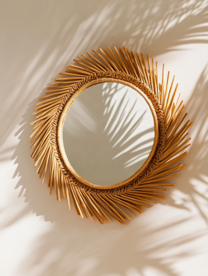 Wabi-sabi style retro rattan leaf-shaped mirror, wall-mounted decorative mirror, entrance mirror for homestay hotels - Image 6